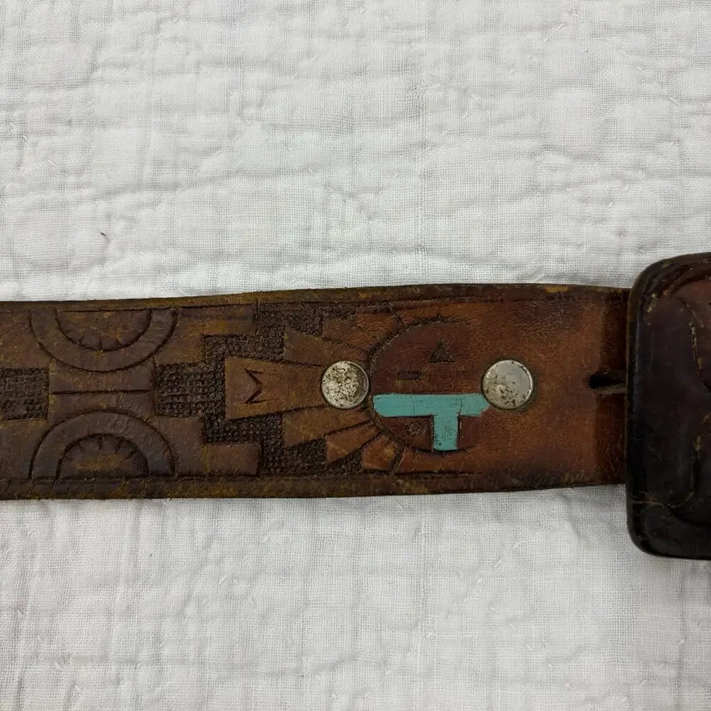 Vintage 70s Tooled Buckle Belt Navajo Geometric Leather Hippie Turquise Paint